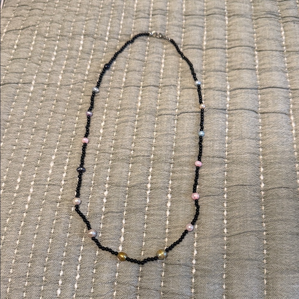 Black Beaded Necklace with Multicolor Accent Pearls